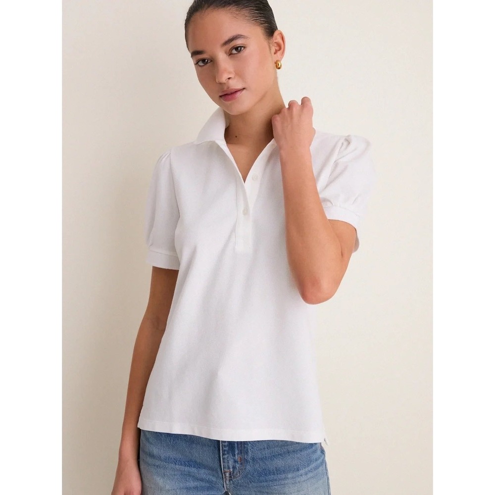 Tuckernuck Pique Puff Sleeve Peggy Polo Shirt Womens Large White Cotton
